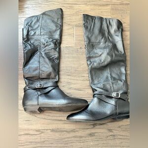 Aldo Black Knee-High Leather Boots with Ankle Buckle Detail